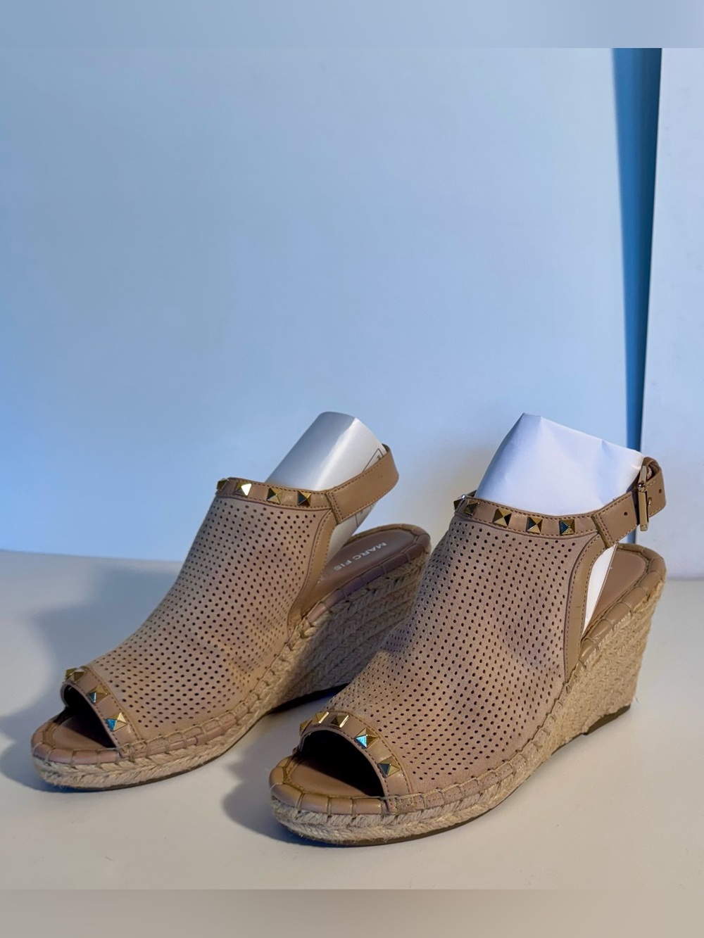Marc Fisher Tan/Blush Perforated Wedge Sandals with Stud Accents